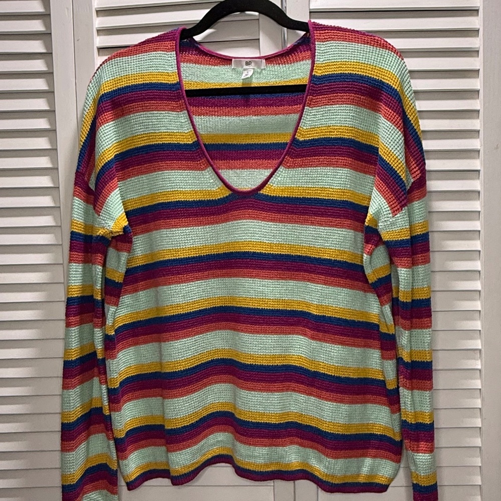 (Nordstrom) BP V-neck Sweater, Multi-striped, Sx Small